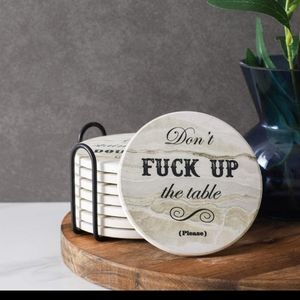 NIB Lifver Funny Drink Coaster Set of 8 w/ Stand, Absorbent Stone, Cork bottom.